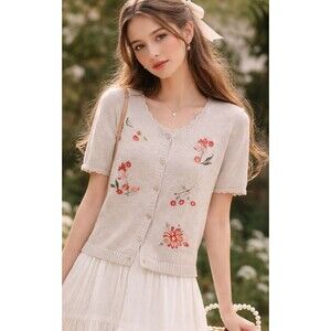 Vintage Cardigan Sweater LARGE Floral Embroidered Cottagecore Preppy 90s